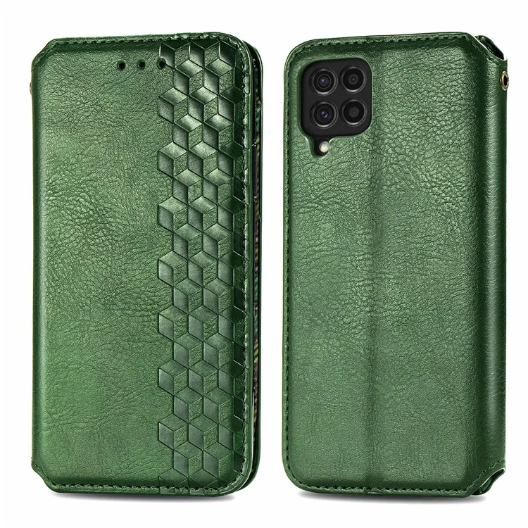 Rhombus Impression de Conception Aimate Aimant Auto-Absorbed PU Cuir Avec Support de Portefeuille Pour Samsung Galaxy F62 / M62 - Vert