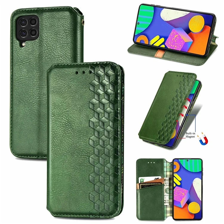 Rhombus Impression de Conception Aimate Aimant Auto-Absorbed PU Cuir Avec Support de Portefeuille Pour Samsung Galaxy F62 / M62 - Vert