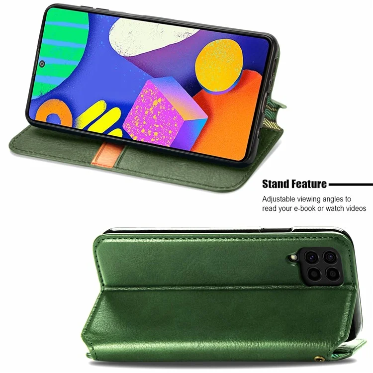 Rhombus Impression de Conception Aimate Aimant Auto-Absorbed PU Cuir Avec Support de Portefeuille Pour Samsung Galaxy F62 / M62 - Vert