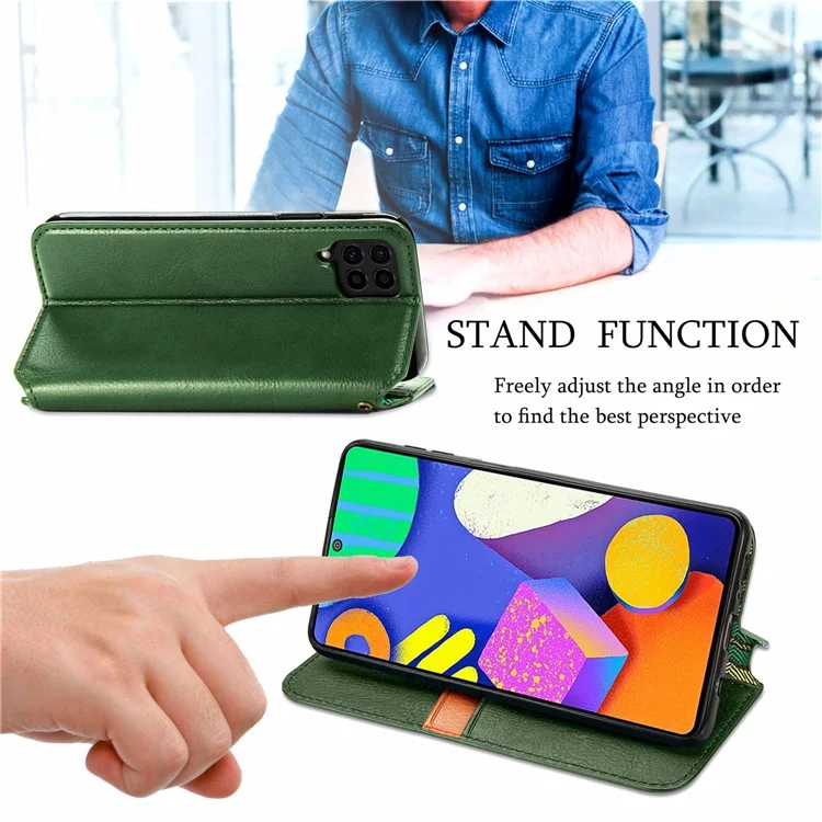 Rhombus Impression de Conception Aimate Aimant Auto-Absorbed PU Cuir Avec Support de Portefeuille Pour Samsung Galaxy F62 / M62 - Vert