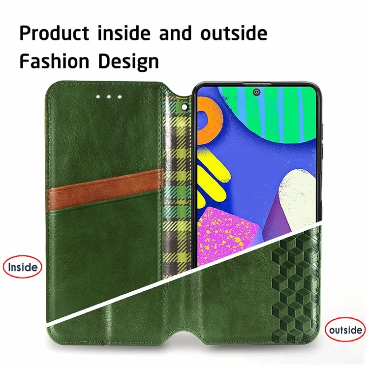 Rhombus Impression de Conception Aimate Aimant Auto-Absorbed PU Cuir Avec Support de Portefeuille Pour Samsung Galaxy F62 / M62 - Vert