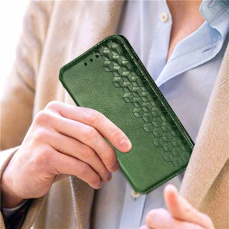 Rhombus Impression de Conception Aimate Aimant Auto-Absorbed PU Cuir Avec Support de Portefeuille Pour Samsung Galaxy F62 / M62 - Vert