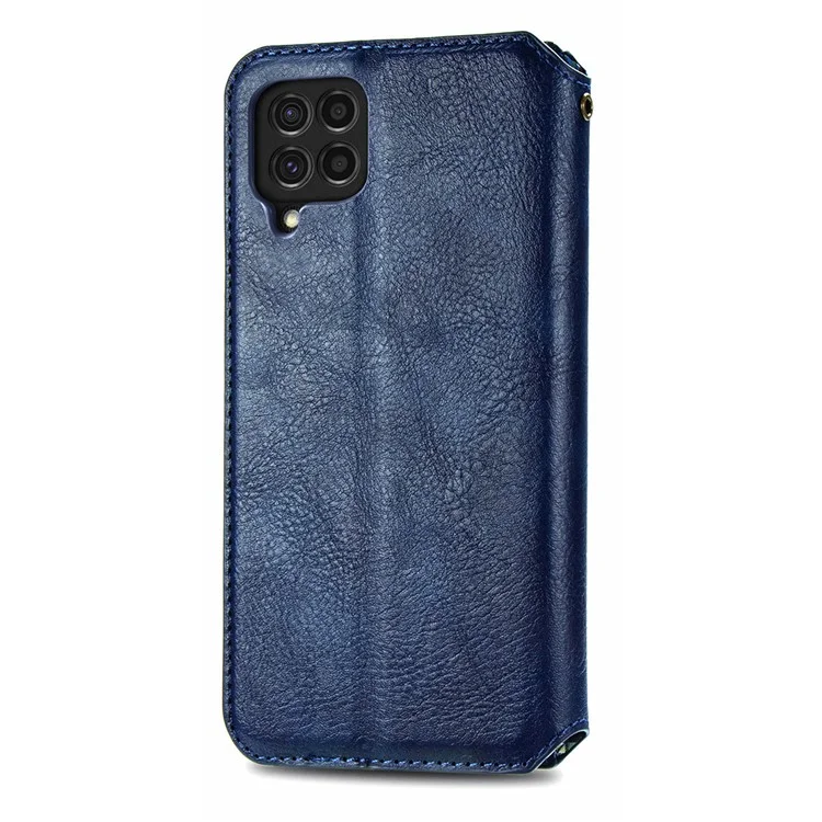 Rhombus Impression de Conception Aimate Aimant Auto-Absorbed PU Cuir Avec Support de Portefeuille Pour Samsung Galaxy F62 / M62 - Bleu