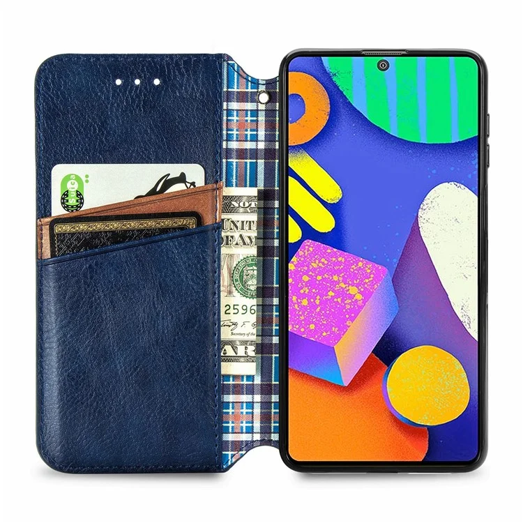 Rhombus Impression de Conception Aimate Aimant Auto-Absorbed PU Cuir Avec Support de Portefeuille Pour Samsung Galaxy F62 / M62 - Bleu