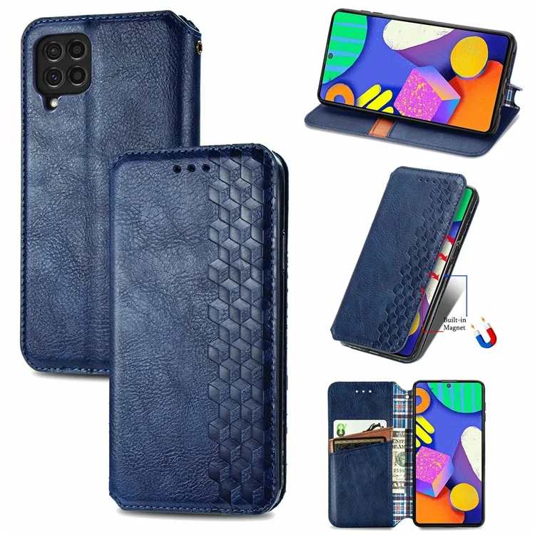 Rhombus Impression de Conception Aimate Aimant Auto-Absorbed PU Cuir Avec Support de Portefeuille Pour Samsung Galaxy F62 / M62 - Bleu
