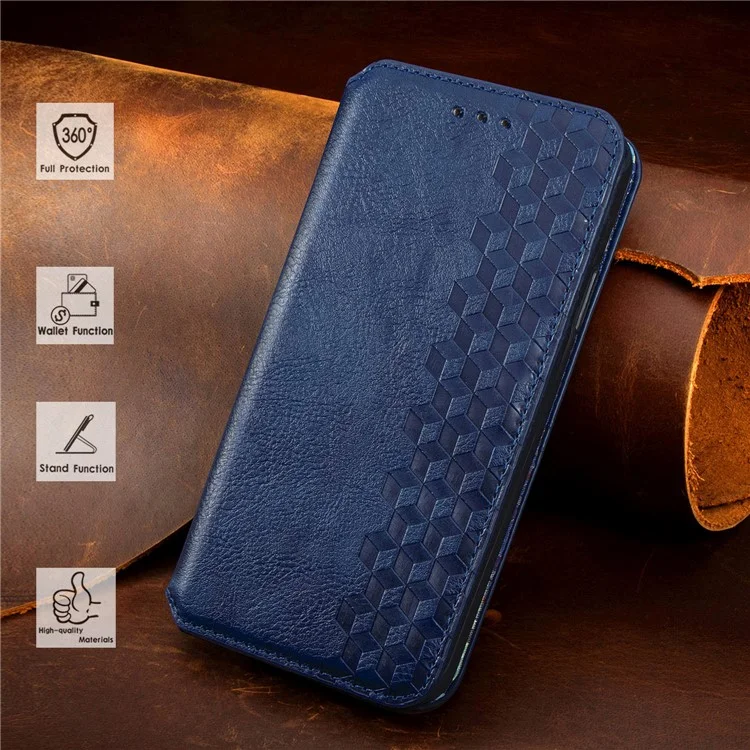 Rhombus Impression de Conception Aimate Aimant Auto-Absorbed PU Cuir Avec Support de Portefeuille Pour Samsung Galaxy F62 / M62 - Bleu