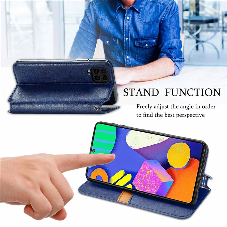 Rhombus Impression de Conception Aimate Aimant Auto-Absorbed PU Cuir Avec Support de Portefeuille Pour Samsung Galaxy F62 / M62 - Bleu