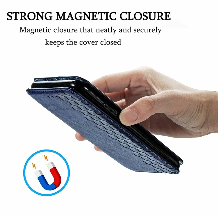 Rhombus Impression de Conception Aimate Aimant Auto-Absorbed PU Cuir Avec Support de Portefeuille Pour Samsung Galaxy F62 / M62 - Bleu