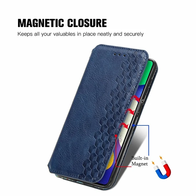 Rhombus Impression de Conception Aimate Aimant Auto-Absorbed PU Cuir Avec Support de Portefeuille Pour Samsung Galaxy F62 / M62 - Bleu