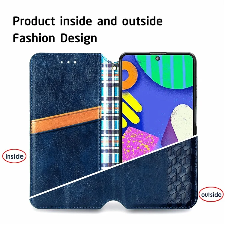 Rhombus Impression de Conception Aimate Aimant Auto-Absorbed PU Cuir Avec Support de Portefeuille Pour Samsung Galaxy F62 / M62 - Bleu