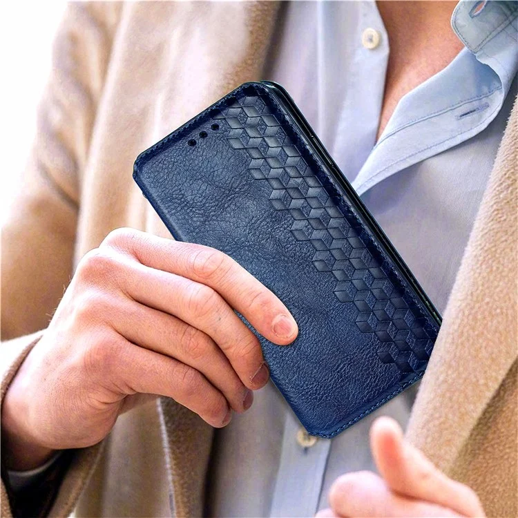 Rhombus Impression de Conception Aimate Aimant Auto-Absorbed PU Cuir Avec Support de Portefeuille Pour Samsung Galaxy F62 / M62 - Bleu