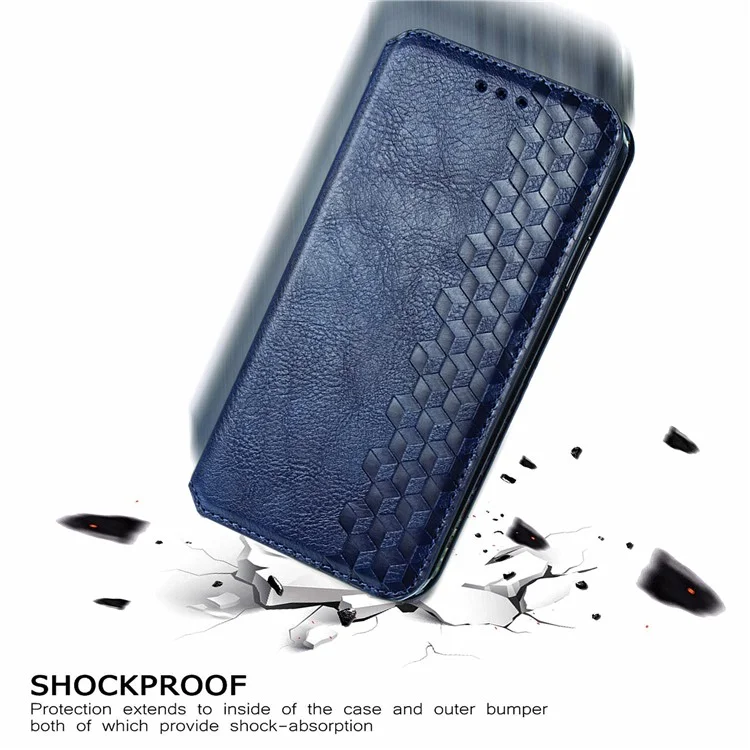 Rhombus Impression de Conception Aimate Aimant Auto-Absorbed PU Cuir Avec Support de Portefeuille Pour Samsung Galaxy F62 / M62 - Bleu