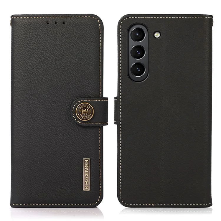 KHAZNEH RFID Anti-theft Swiping Design Anti-Fall Genuine Leather Wallet Phone Case Stand for Samsung Galaxy S21 FE - Noir