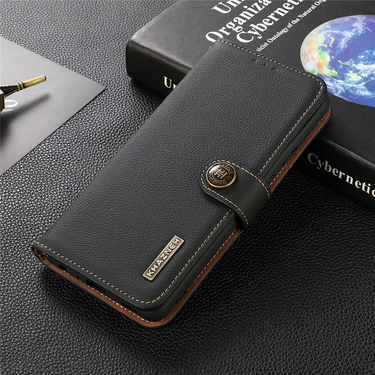 KHAZNEH RFID Anti-theft Swiping Design Anti-Fall Genuine Leather Wallet Phone Case Stand for Samsung Galaxy S21 FE - Noir