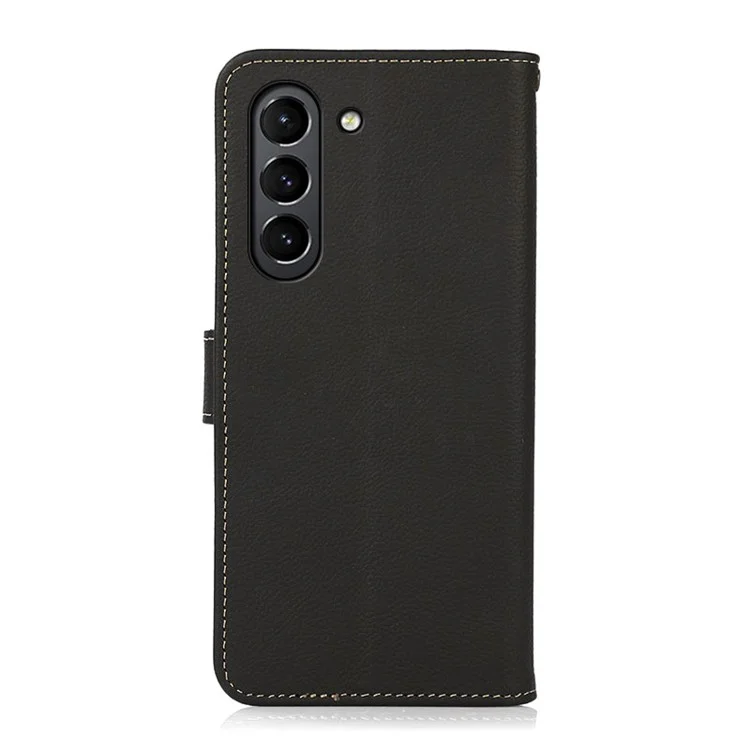 KHAZNEH RFID Anti-theft Swiping Design Anti-Fall Genuine Leather Wallet Phone Case Stand for Samsung Galaxy S21 FE - Noir