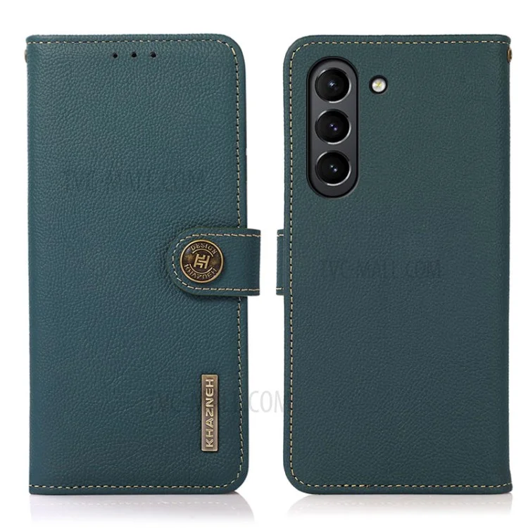 KHAZNEH RFID Anti-theft Swiping Design Anti-Fall Genuine Leather Wallet Phone Case Stand per Samsung Galaxy S21 FE - Verde