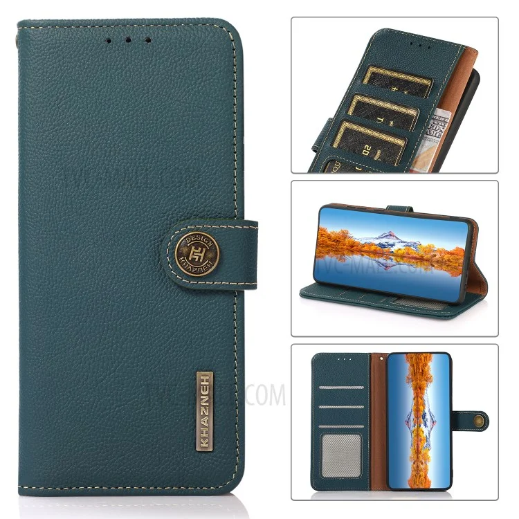 KHAZNEH RFID Anti-theft Swiping Design Anti-Fall Genuine Leather Wallet Phone Case Stand per Samsung Galaxy S21 FE - Verde