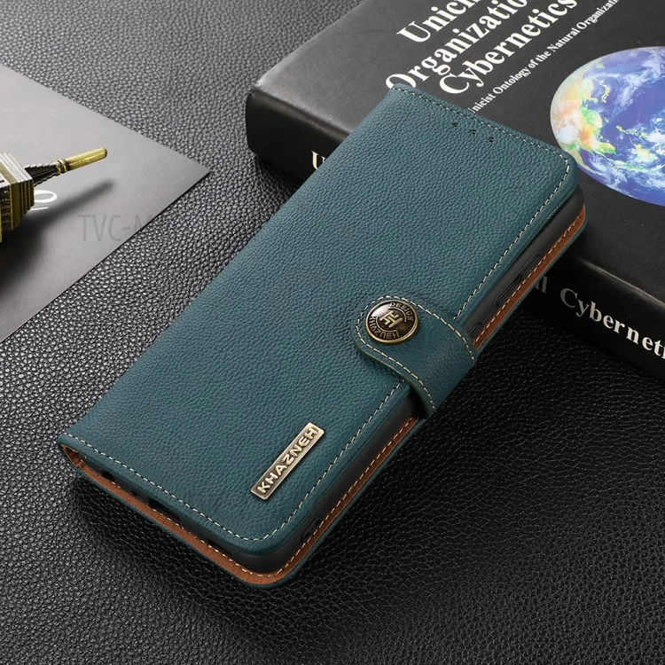 KHAZNEH RFID Anti-theft Swiping Design Anti-Fall Genuine Leather Wallet Phone Case Stand per Samsung Galaxy S21 FE - Verde