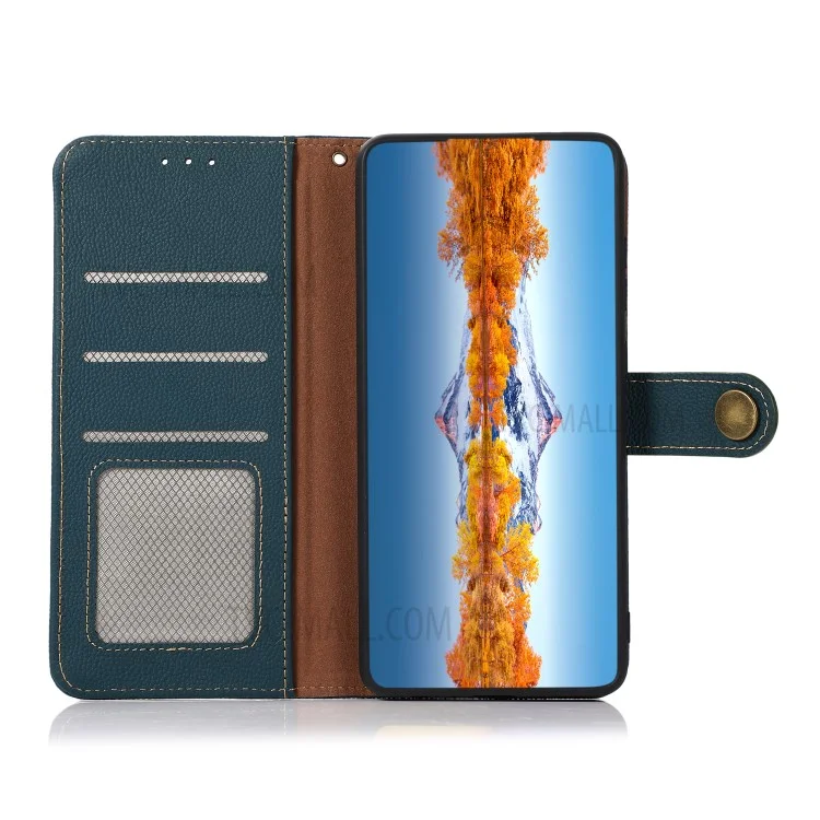 KHAZNEH RFID Anti-theft Swiping Design Anti-Fall Genuine Leather Wallet Phone Case Stand per Samsung Galaxy S21 FE - Verde