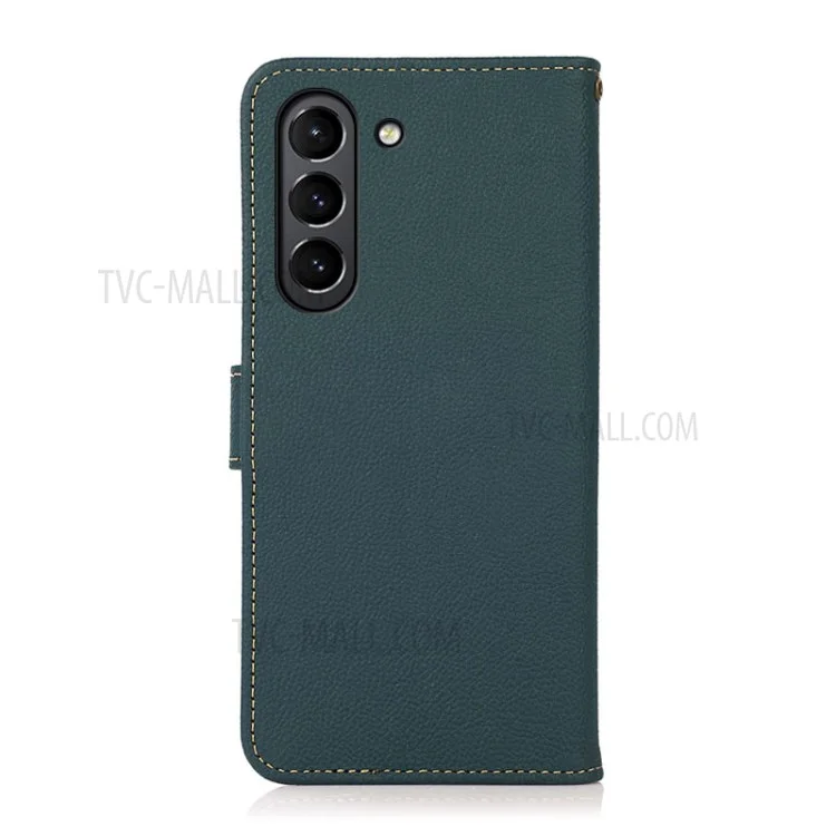 KHAZNEH RFID Anti-theft Swiping Design Anti-Fall Genuine Leather Wallet Phone Case Stand per Samsung Galaxy S21 FE - Verde
