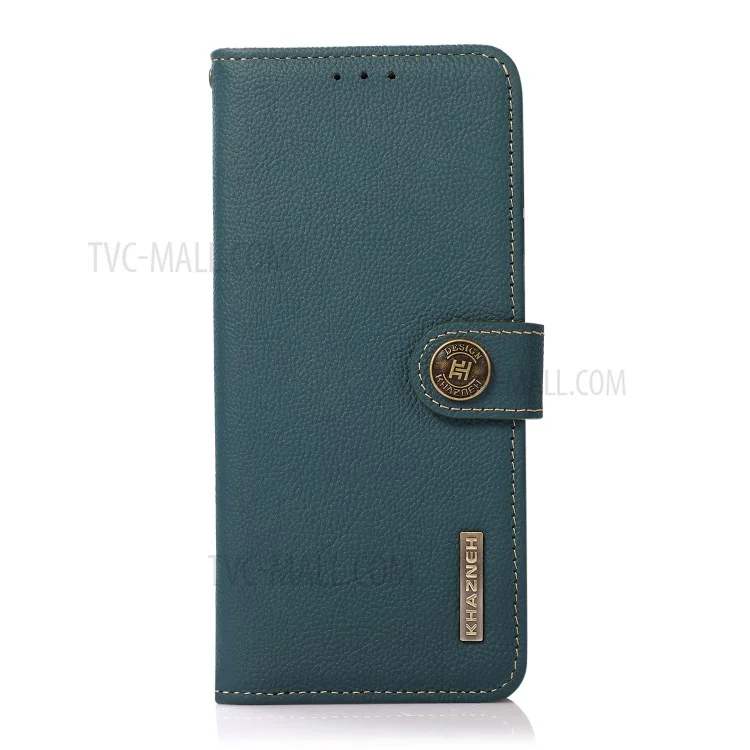 KHAZNEH RFID Anti-theft Swiping Design Anti-Fall Genuine Leather Wallet Phone Case Stand per Samsung Galaxy S21 FE - Verde