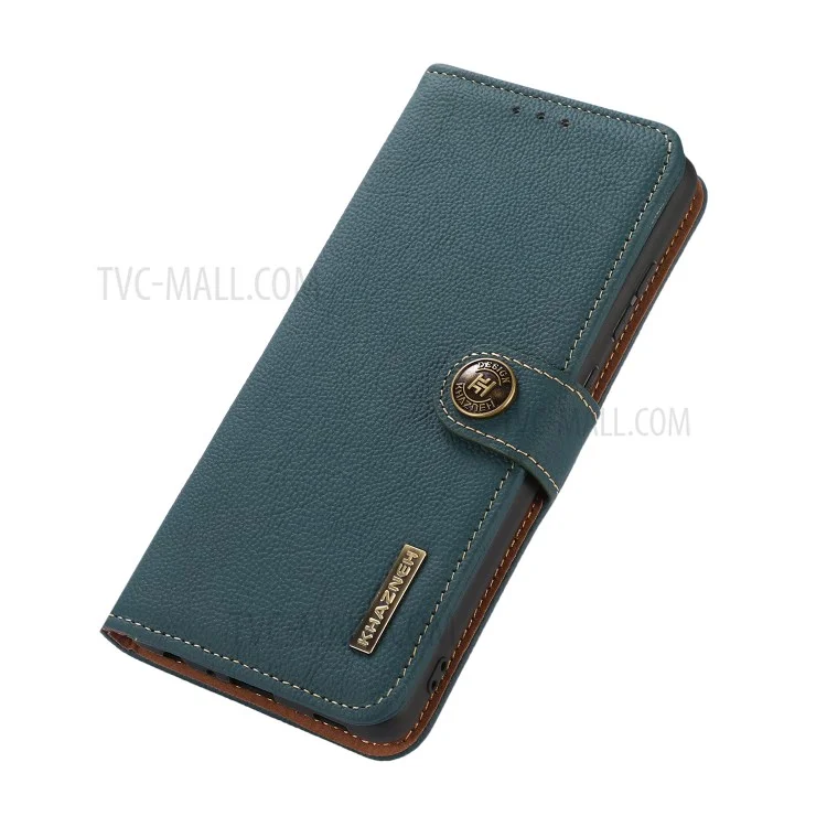 KHAZNEH RFID Anti-theft Swiping Design Anti-Fall Genuine Leather Wallet Phone Case Stand per Samsung Galaxy S21 FE - Verde