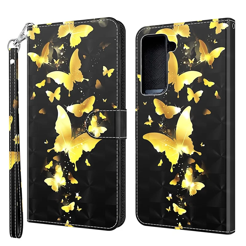 3D Pattern Printing Drop-proof Leather Wallet Stand Phone Shell Case Protector for Samsung Galaxy S21 FE - Gold Butterfly