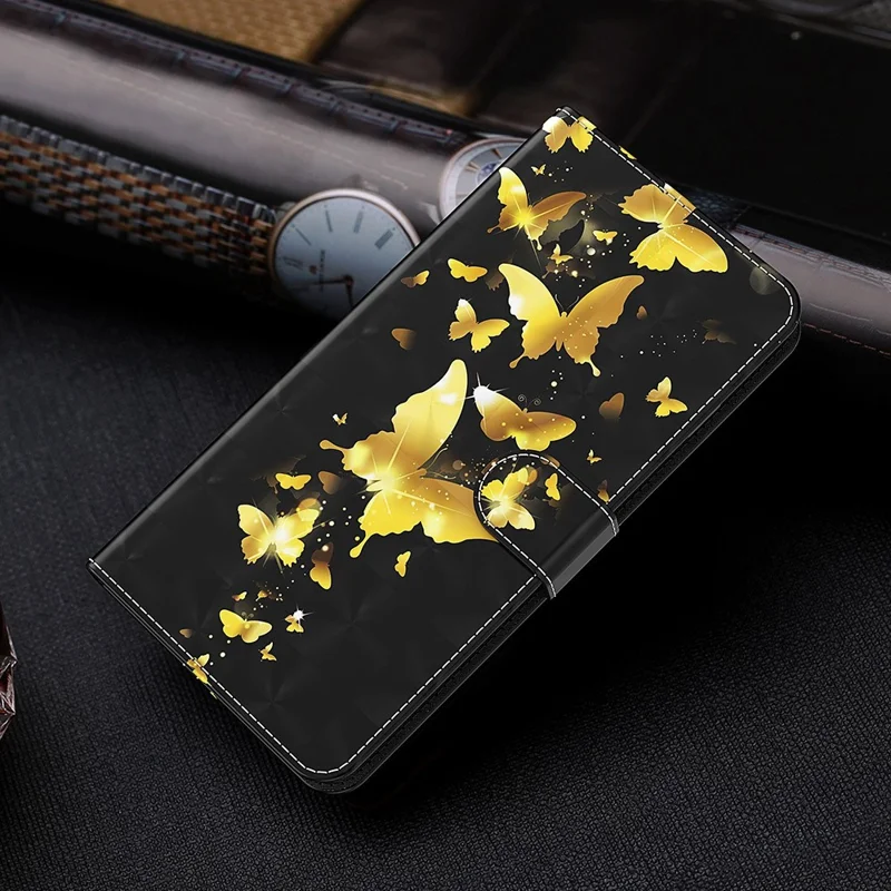 3D Pattern Printing Drop-proof Leather Wallet Stand Phone Shell Case Protector for Samsung Galaxy S21 FE - Gold Butterfly