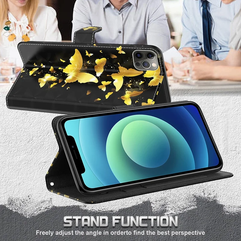 3D Pattern Printing Drop-proof Leather Wallet Stand Phone Shell Case Protector for Samsung Galaxy S21 FE - Gold Butterfly