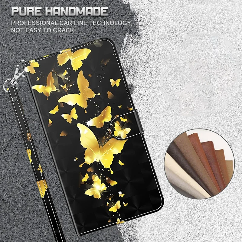 3D Pattern Printing Drop-proof Leather Wallet Stand Phone Shell Case Protector for Samsung Galaxy S21 FE - Gold Butterfly