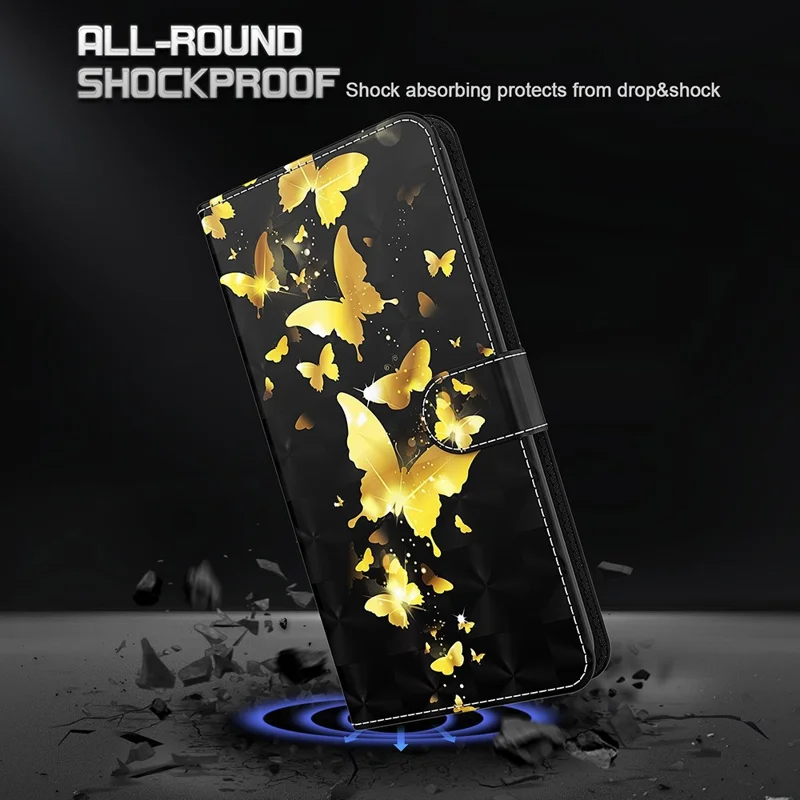 3D Pattern Printing Drop-proof Leather Wallet Stand Phone Shell Case Protector for Samsung Galaxy S21 FE - Gold Butterfly