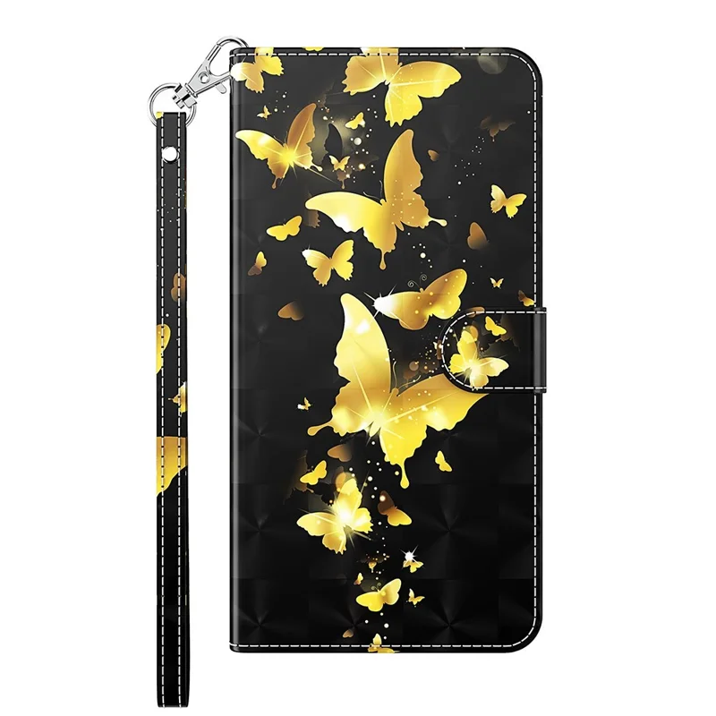 3D Pattern Printing Drop-proof Leather Wallet Stand Phone Shell Case Protector for Samsung Galaxy S21 FE - Gold Butterfly