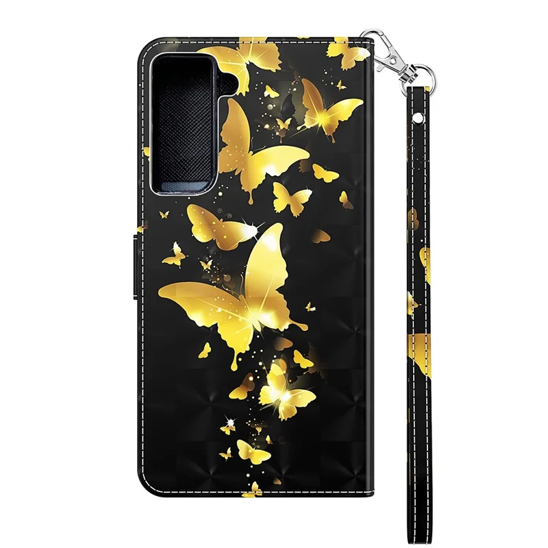 3D Pattern Printing Drop-proof Leather Wallet Stand Phone Shell Case Protector for Samsung Galaxy S21 FE - Gold Butterfly