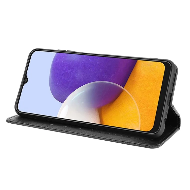 Vintage Style Handyhülle mit Magnetverschluss, Lederabdeckung mit Wallet-Ständer für Samsung Galaxy A22 5G (EU Version) - Schwarz