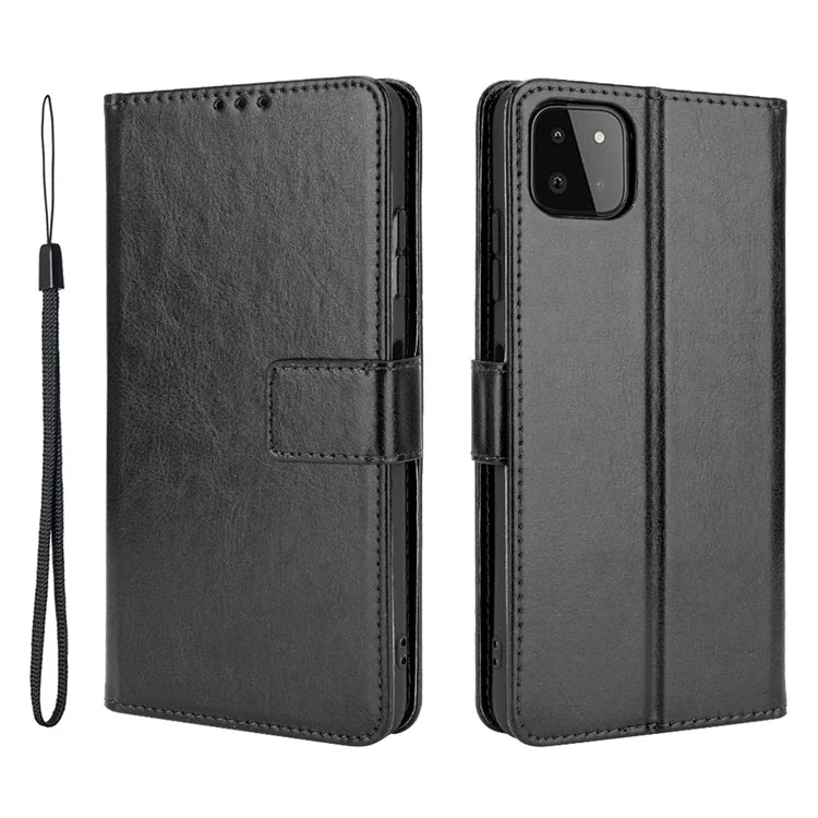 Crazy Horse Skin Leather Shell Com o Design da Carteira Para o Samsung Galaxy A22 5G (versão da Ue) - Preto