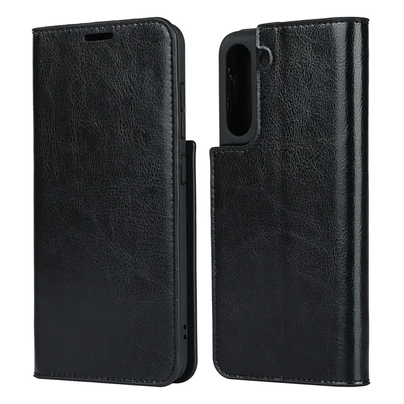 Genuine Leather Crazy Horse Texture Full-Protection Mobile Phone Wallet Case Shell for Samsung Galaxy S21 FE - Black