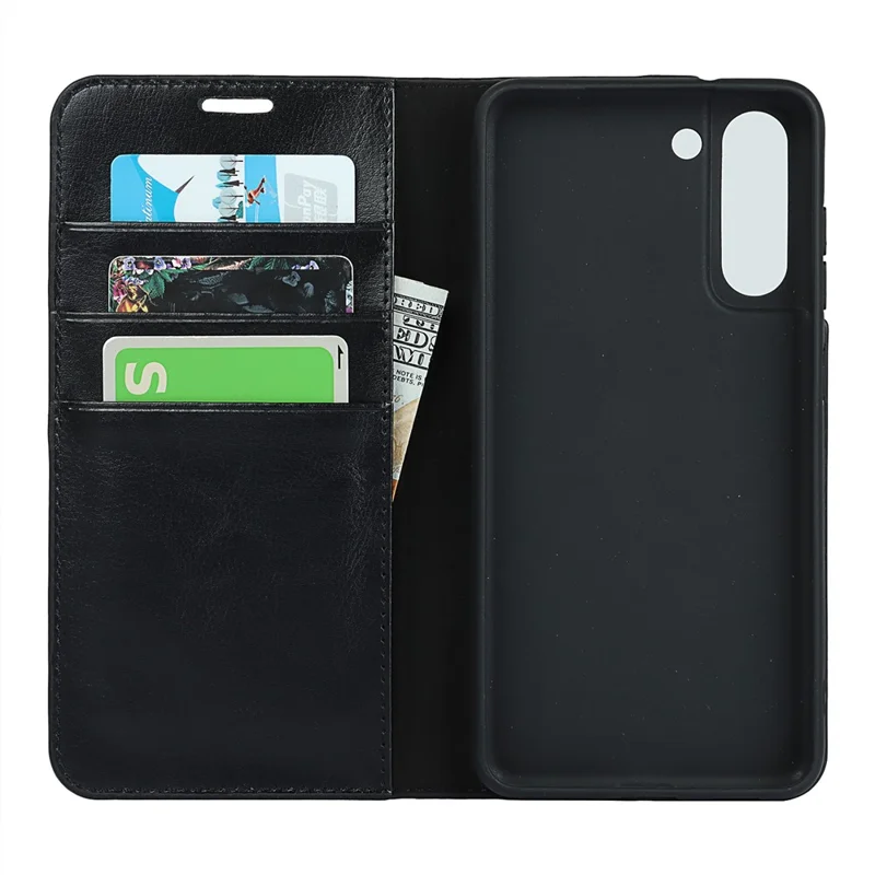 Genuine Leather Crazy Horse Texture Full-Protection Mobile Phone Wallet Case Shell for Samsung Galaxy S21 FE - Black