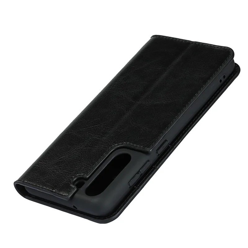 Genuine Leather Crazy Horse Texture Full-Protection Mobile Phone Wallet Case Shell for Samsung Galaxy S21 FE - Black