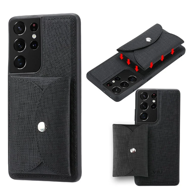 VILI T Series Movable Magnetic-Absorbed Wallet Leather Skin TPU Shell for Samsung Galaxy S21 Ultra 5G - Black