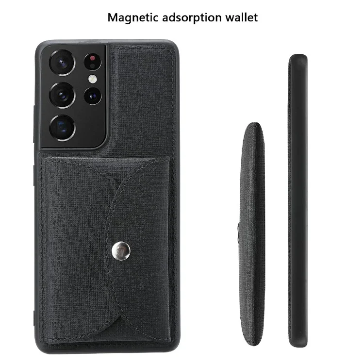 VILI T Series Movable Magnetic-Absorbed Wallet Leather Skin TPU Shell for Samsung Galaxy S21 Ultra 5G - Black