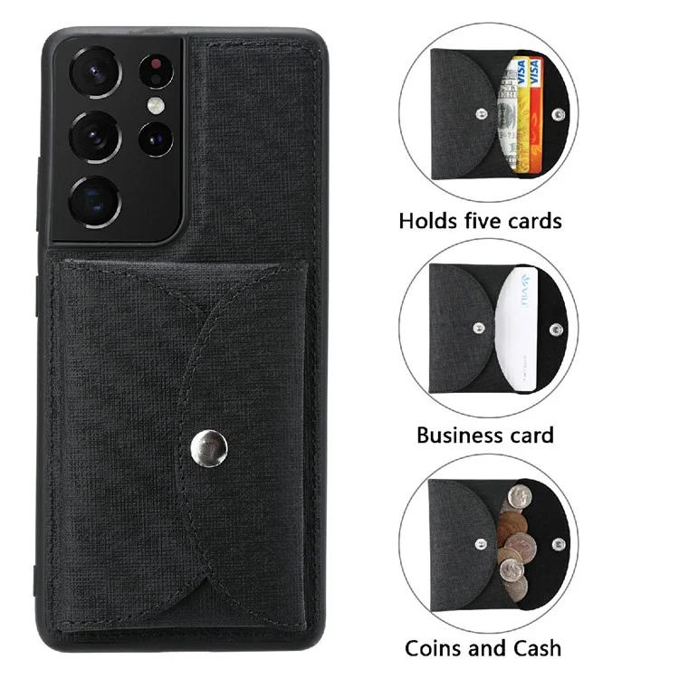 VILI T Series Movable Magnetic-Absorbed Wallet Leather Skin TPU Shell for Samsung Galaxy S21 Ultra 5G - Black