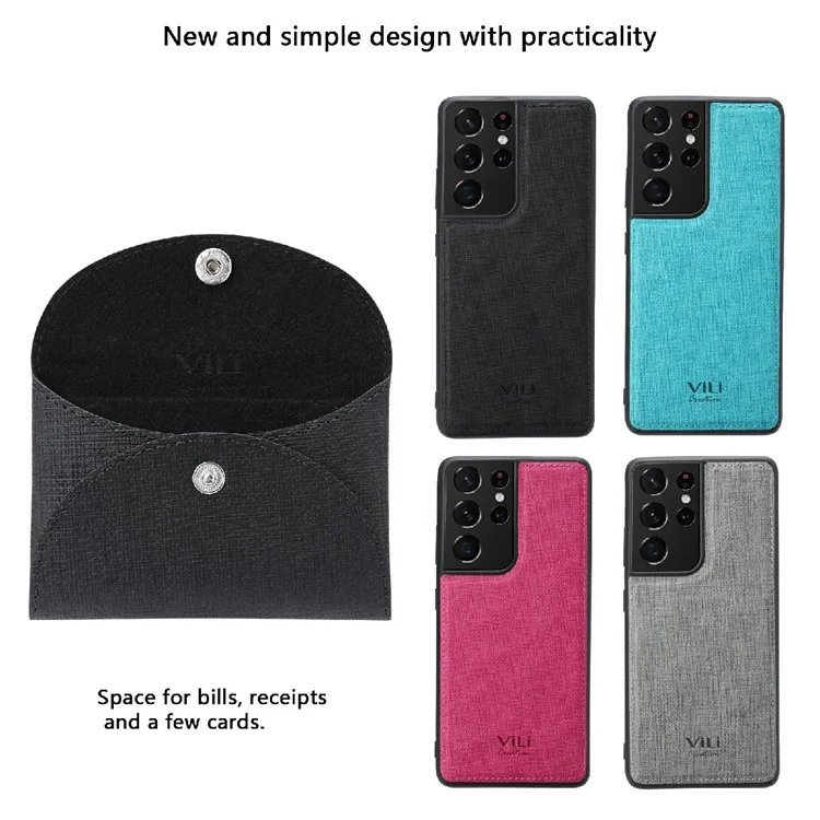 VILI T Series Movable Magnetic-Absorbed Wallet Leather Skin TPU Shell for Samsung Galaxy S21 Ultra 5G - Black