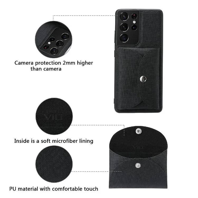 VILI T Series Movable Magnetic-Absorbed Wallet Leather Skin TPU Shell for Samsung Galaxy S21 Ultra 5G - Black