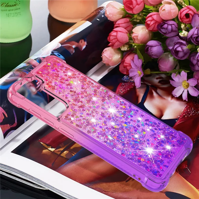 Gradient Glitter Powder Sequins Quicksand TPU Mobile Phone Protector Case Shell for Samsung Galaxy S21 FE - Pink / Purple