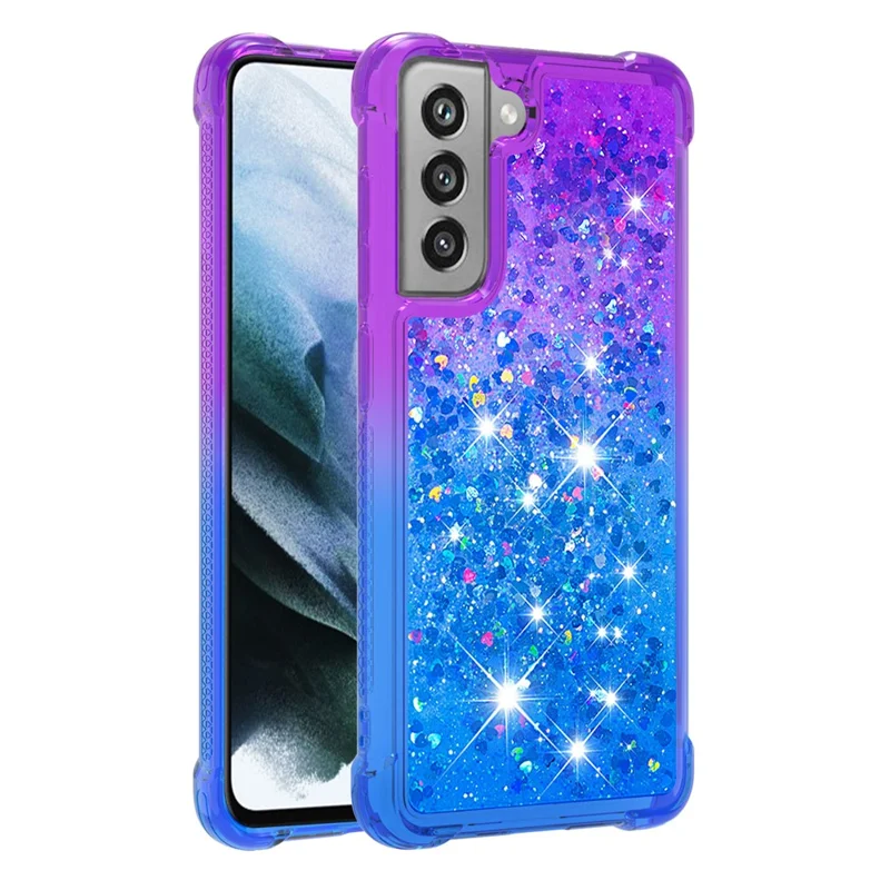 Gradient Glitter Powder Sequins Quicksand TPU Mobile Phone Protector Case Shell for Samsung Galaxy S21 FE - Purple / Sky Blue
