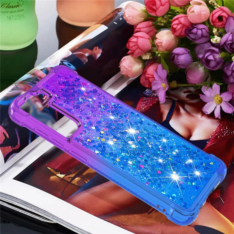 Gradient Glitter Powder Sequins Quicksand TPU Mobile Phone Protector Case Shell for Samsung Galaxy S21 FE - Purple / Sky Blue
