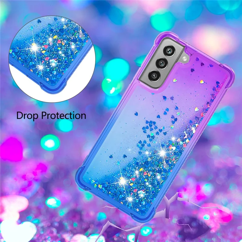Gradient Glitter Powder Sequins Quicksand TPU Mobile Phone Protector Case Shell for Samsung Galaxy S21 FE - Purple / Sky Blue