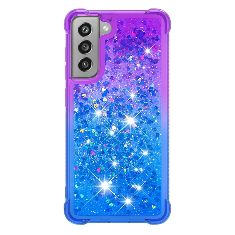 Gradient Glitter Powder Sequins Quicksand TPU Mobile Phone Protector Case Shell for Samsung Galaxy S21 FE - Purple / Sky Blue