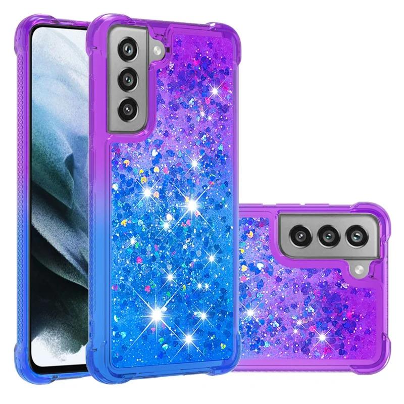 Gradient Glitter Powder Sequins Quicksand TPU Mobile Phone Protector Case Shell for Samsung Galaxy S21 FE - Purple / Sky Blue