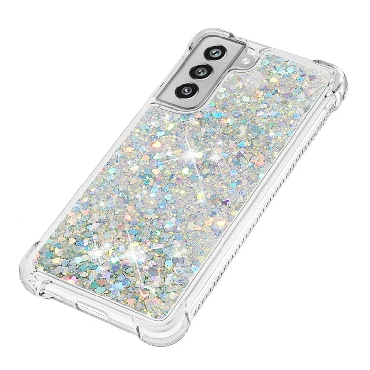 Dynamic Quicksand Shock-absorbing TPU Case Back Cover for Samsung Galaxy S21 FE/S21 Fan Edition - Silver Hearts